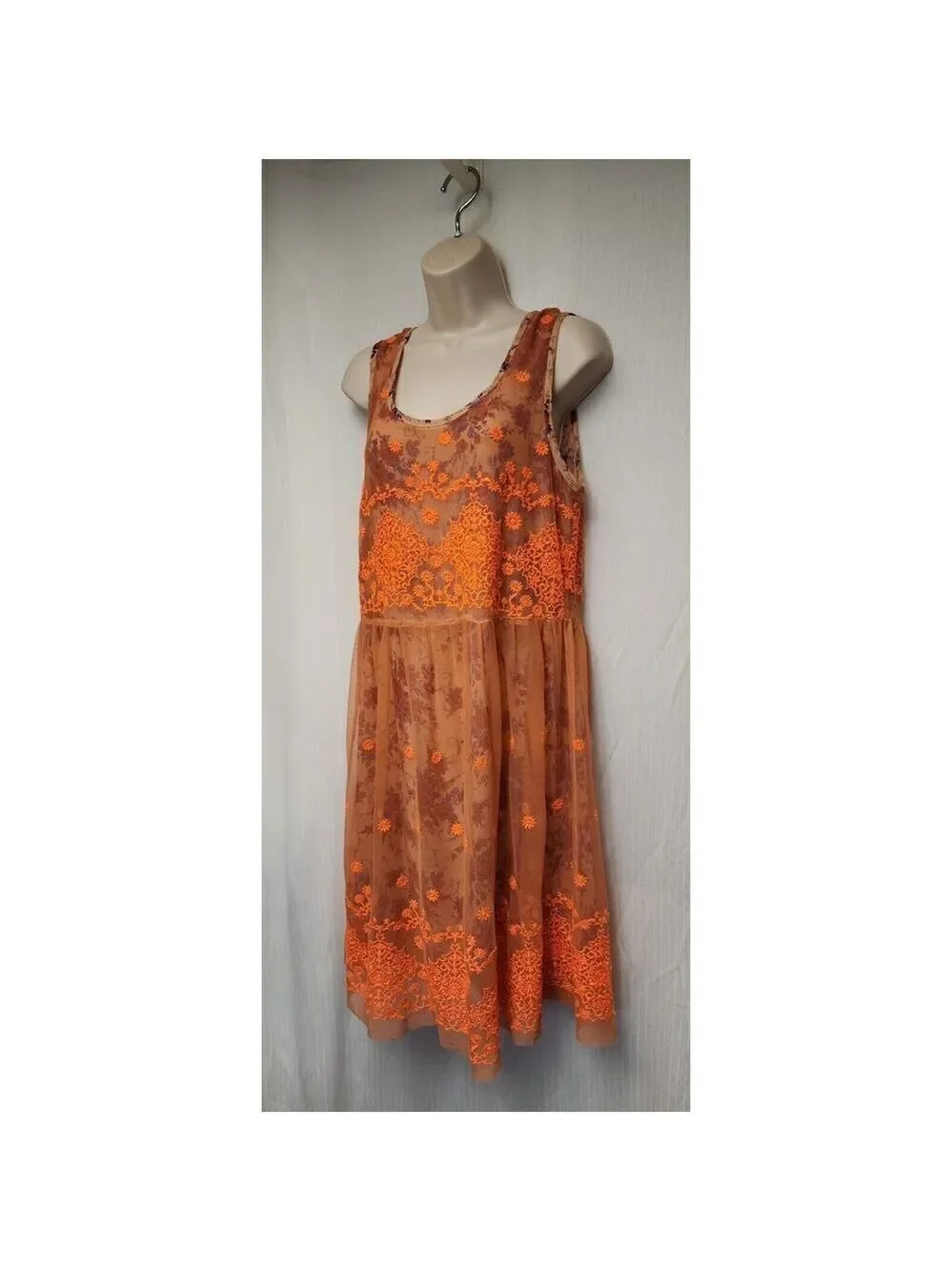 Anthropologie Uncle Frank Embroidered Mesh Overlay Neon Orange Floral Dress Sz M